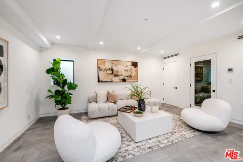 a living room with furniture and a potted plant