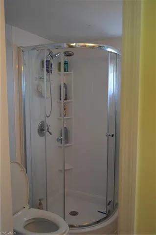 a bathroom with a shower and toilet