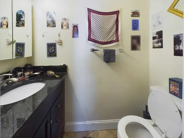 a bathroom with a sink a toilet and a mirror
