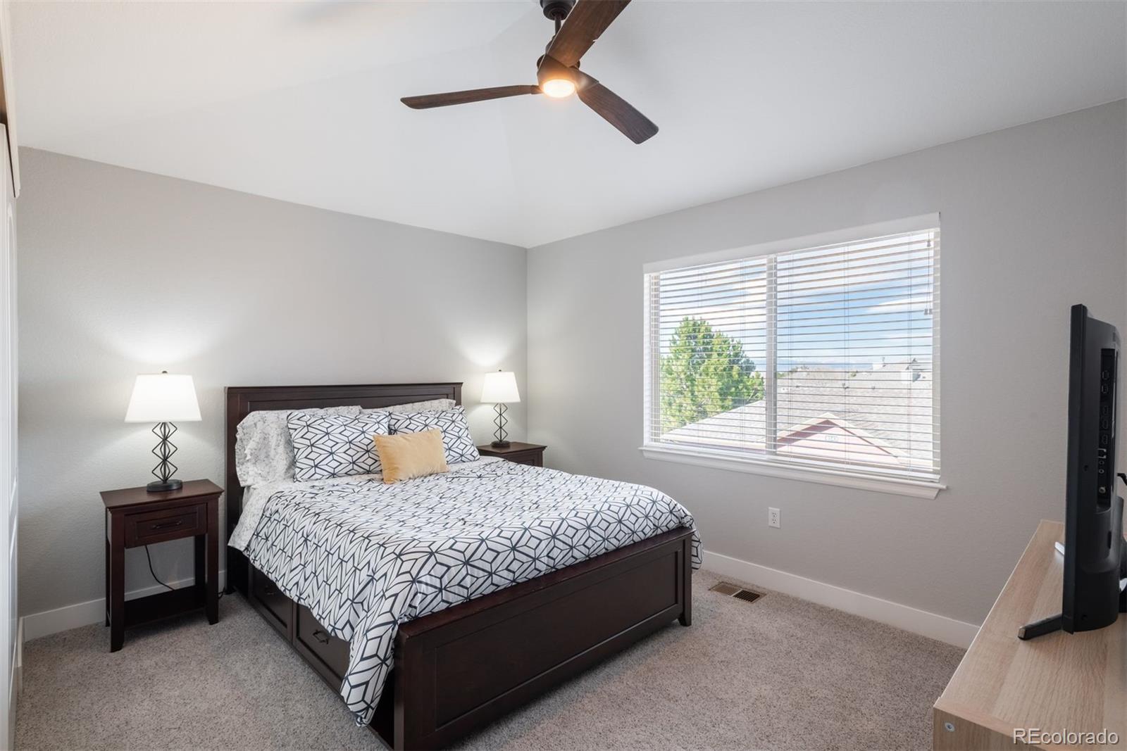 8555 Gold Peak Drive, Unit B Highlands Ranch, CO 80130 - Photo 21 of 38 a bedroom with a bed and a tv on the dresser