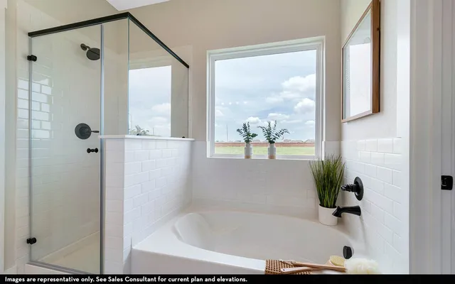 a bathroom with a tub and shower