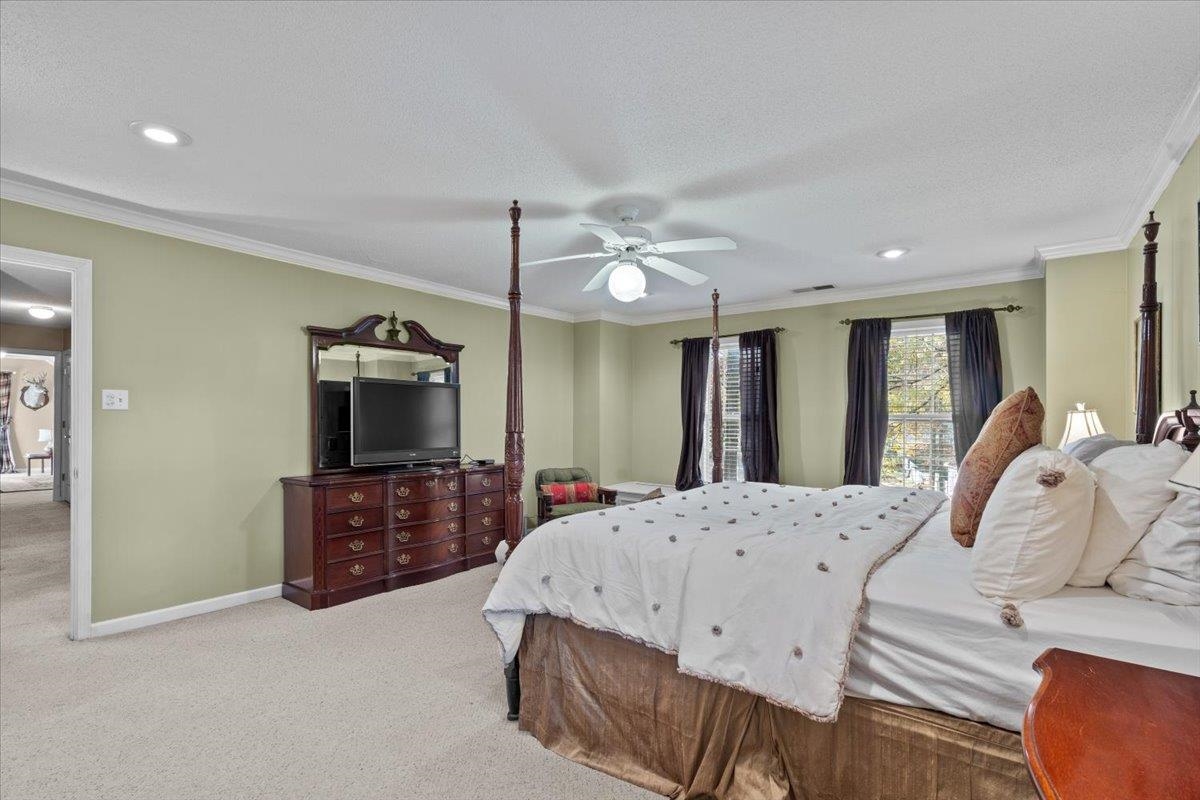 732 North Tree Drive Collierville, TN 38017 - Photo 24 of 40 Carpeted bedroom with ornamental molding, ceiling fan, recessed lighting, and a textured ceiling