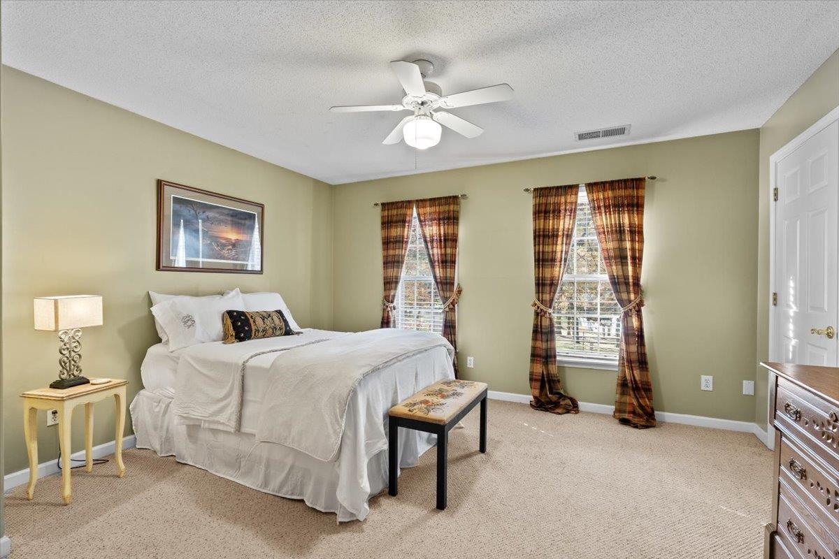732 North Tree Drive Collierville, TN 38017 - Photo 30 of 40 Bedroom featuring light colored carpet, a textured ceiling, and a ceiling fan