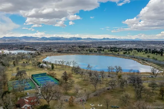 a view of a lake with a city