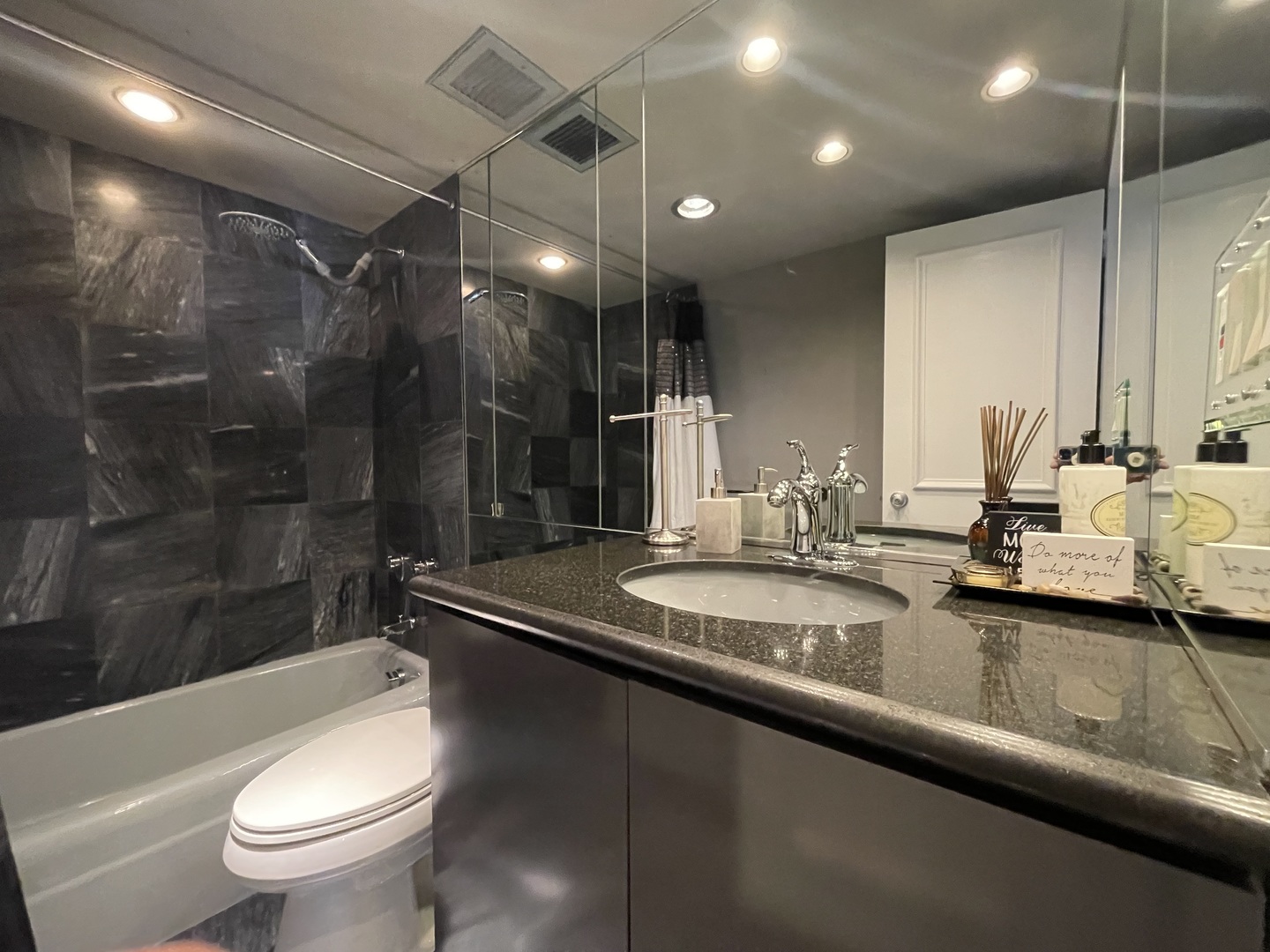 175 East Delaware Place, Unit 6706 Chicago, IL 60611 - Photo 19 of 30 a bathroom with a granite countertop sink a toilet a mirror and shower