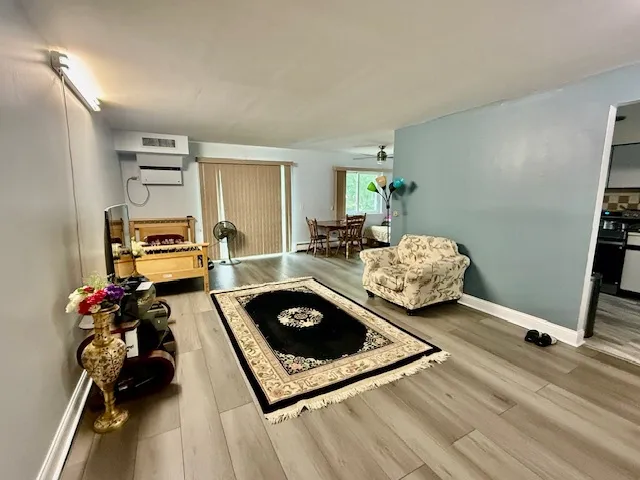 a living room with furniture rug and window