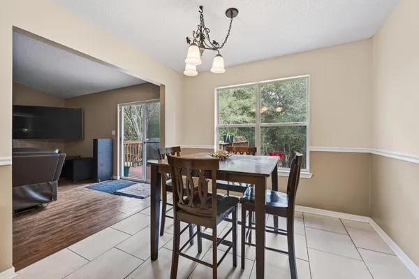 a view of a dining room with furniture window and outside view