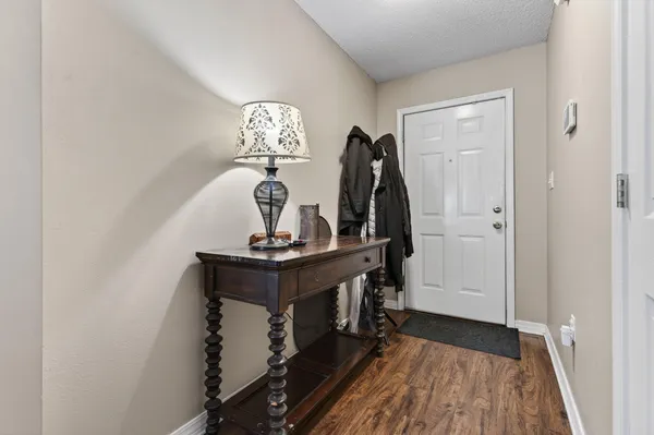 a view of dining room with wooden floor