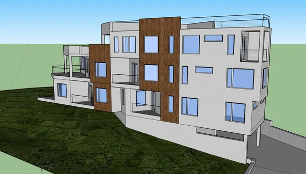 a view of front of residential building with stairs and hall