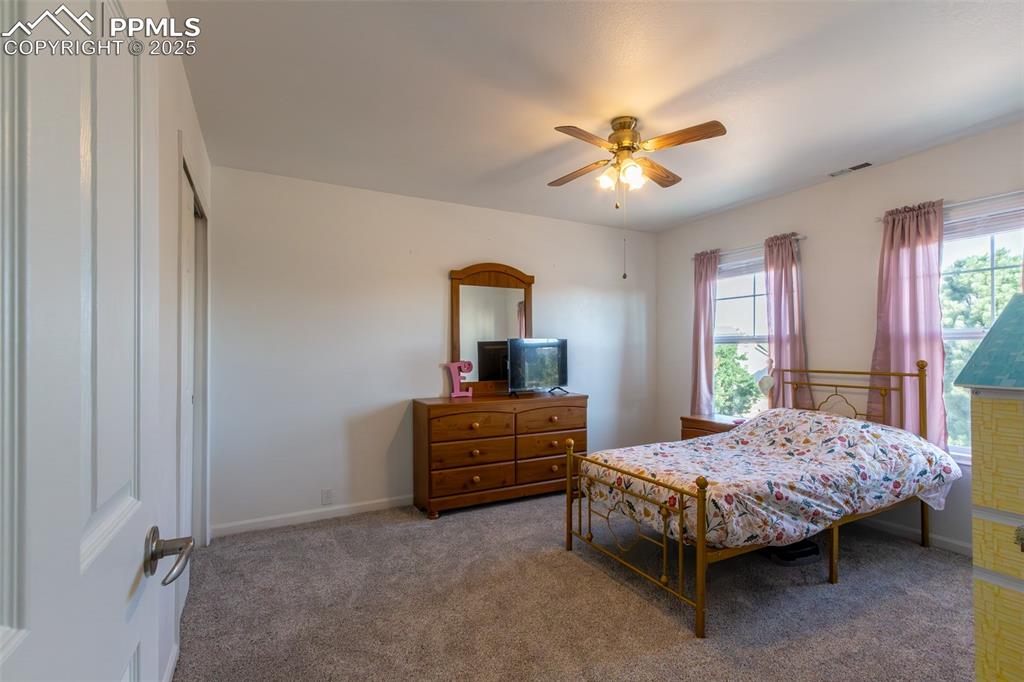 7544 Jaoul Point Peyton, CO 80831 - Photo 21 of 37 a bedroom with a bed and a chandelier