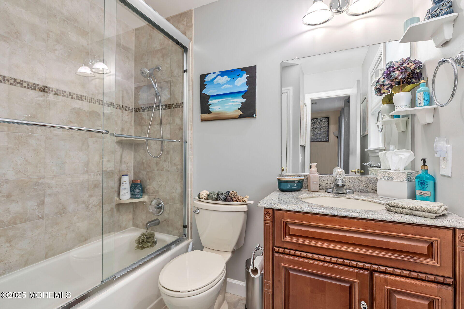 60 County Road, Unit F32 Cliffwood, NJ 07721 - Photo 22 of 31 a bathroom with a granite countertop sink toilet a mirror and shower