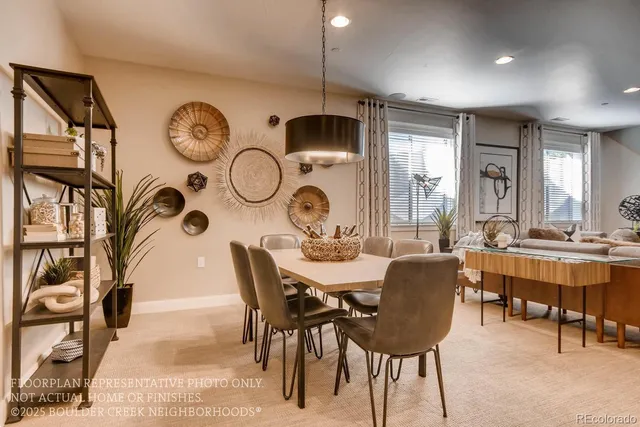 a view of a dining room with furniture and window