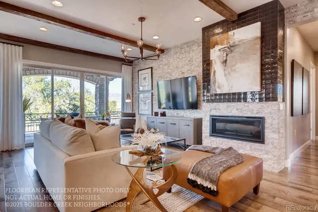 a living room with furniture fireplace and flat screen tv