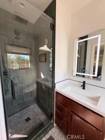 a bathroom with a shower sink and mirror