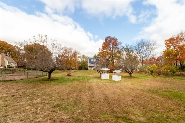 a view of a yard with swimming pool and trees