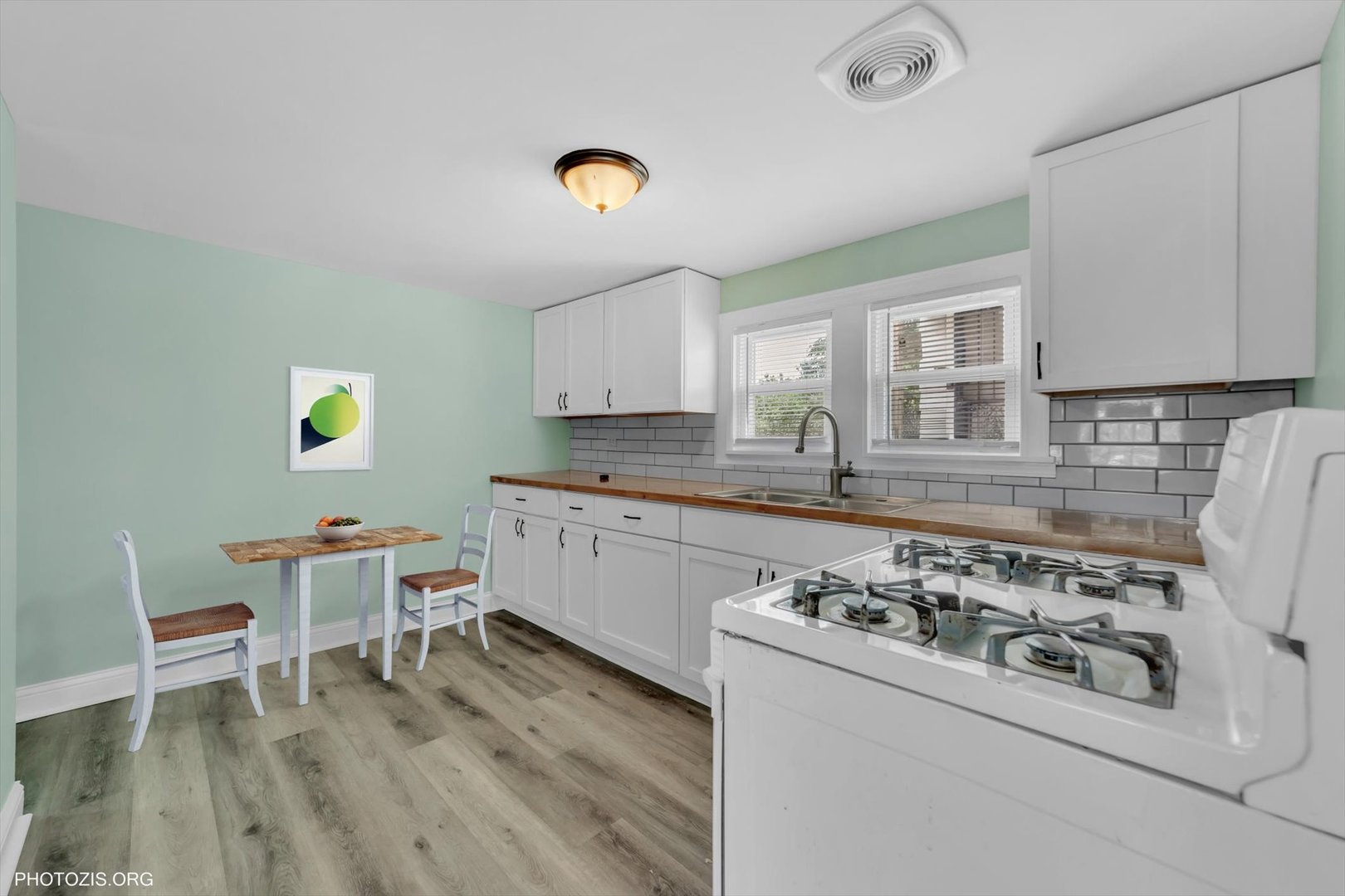 10004 South Torrence Avenue Chicago, IL 60617 - Photo 17 of 46 a kitchen with a stove a sink and white cabinets with wooden floor