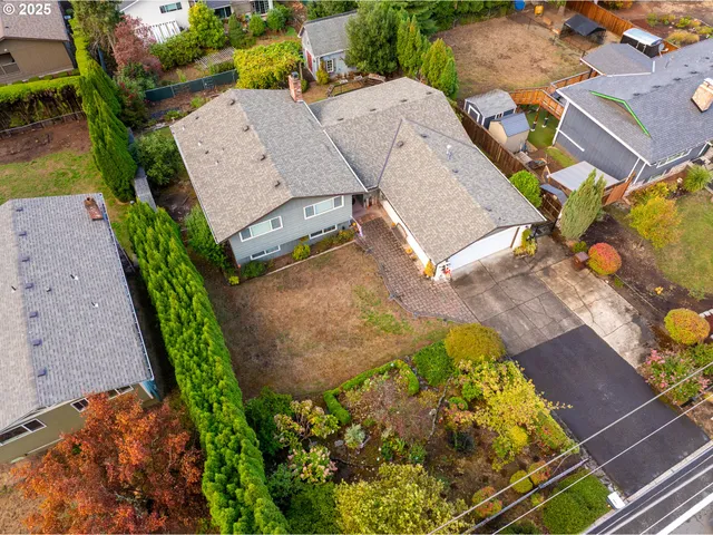 an aerial view of a swimming pool