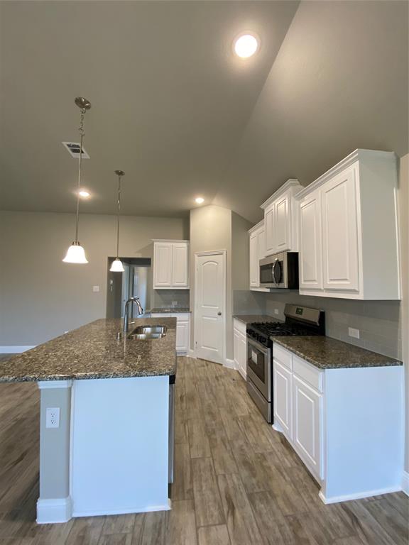 3101 Razorback Street Melissa, TX 75454 - Photo 20 of 40 a kitchen with stainless steel appliances granite countertop a sink a stove top oven a counter space and cabinets