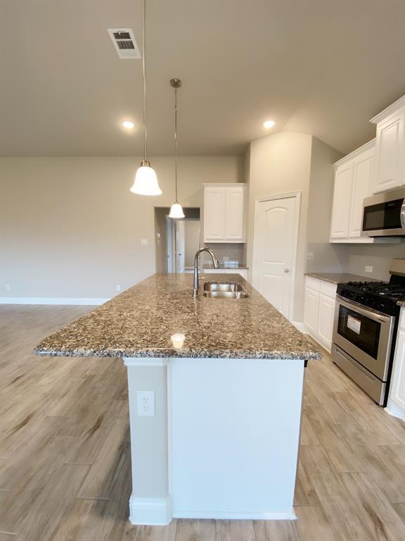 3101 Razorback Street Melissa, TX 75454 - Photo 22 of 40 a kitchen with kitchen island granite countertop a sink a counter top space appliances and cabinets
