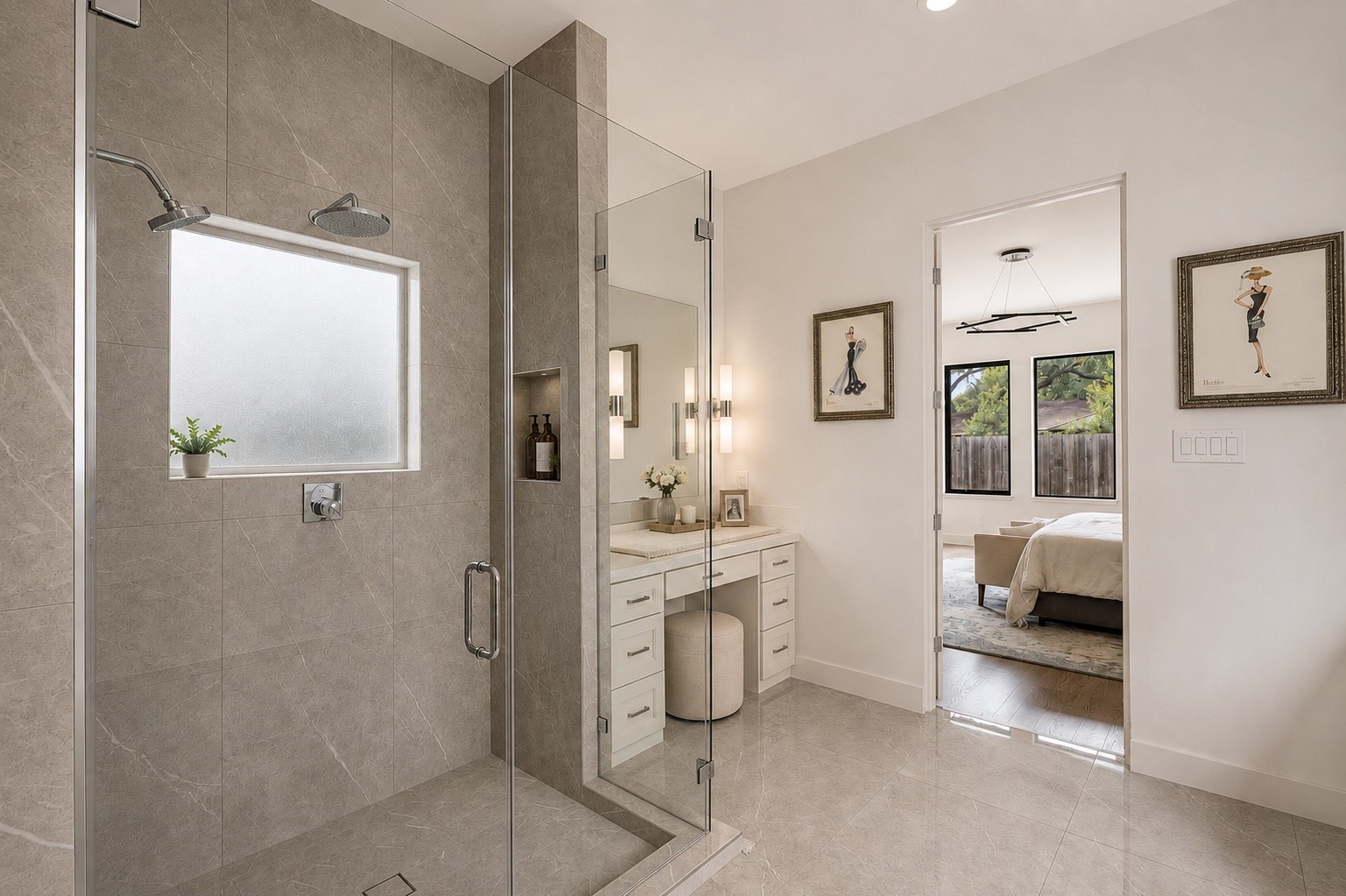 4638 Merwin Street Houston, TX 77027 - Photo 21 of 42 Within the primary bathroom, an oversized glass enclosed walk-in shower features waterfall, rain & handheld shower heads for a true spa like experience.