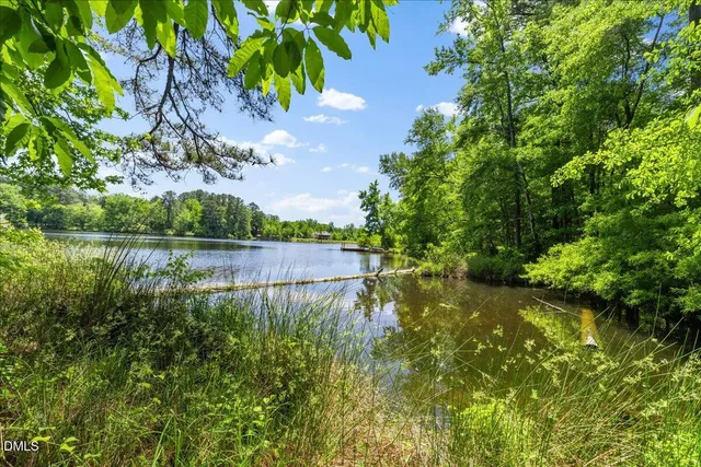 a view of a lake with a big yard and large trees