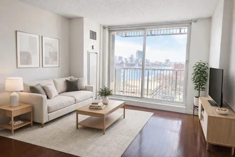 a living room with furniture a flat screen tv and a large window