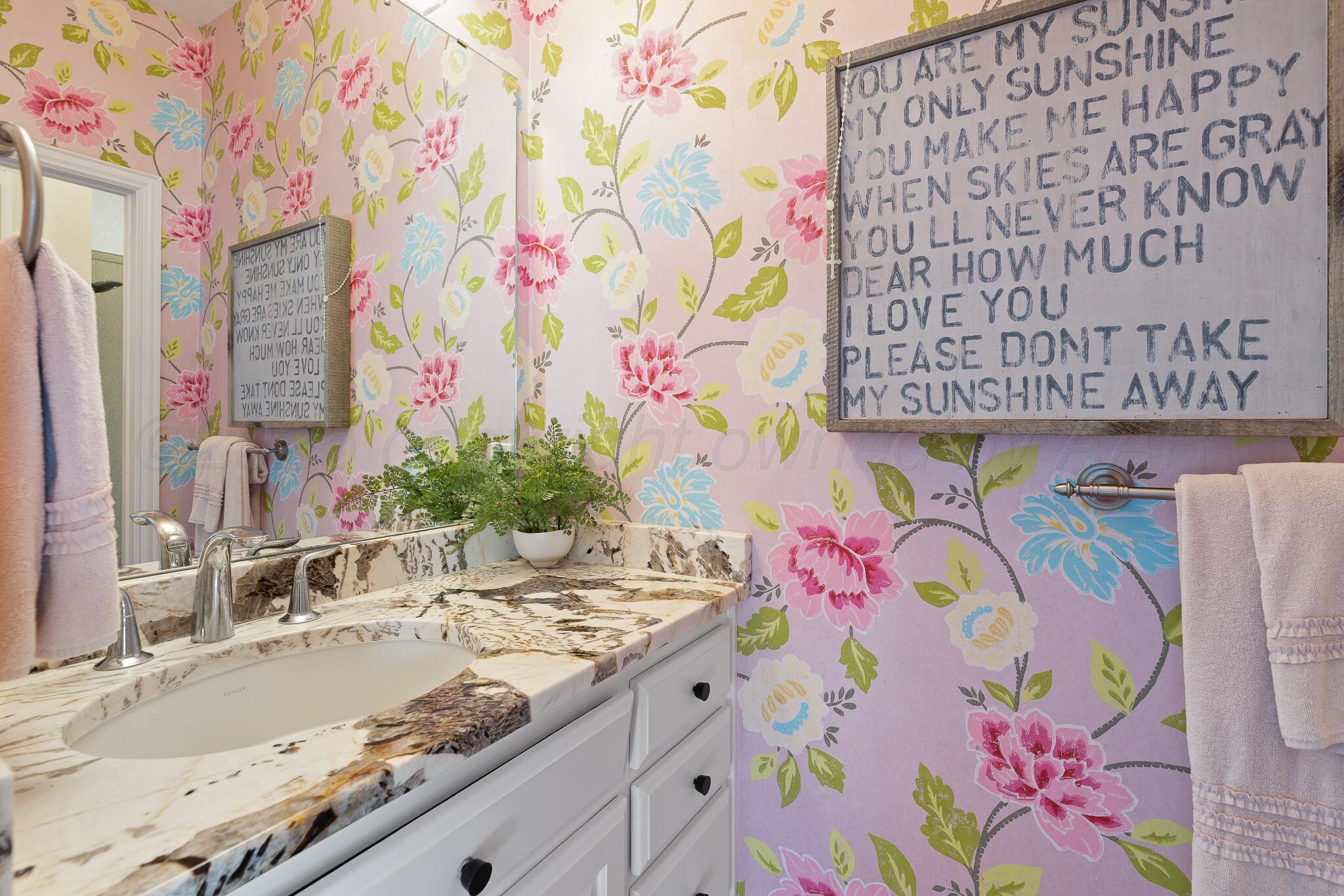 17301 Spring Lake Drive Canyon, TX 79015 - Photo 29 of 62 a bathroom with a granite countertop sink a mirror and shower curtain
