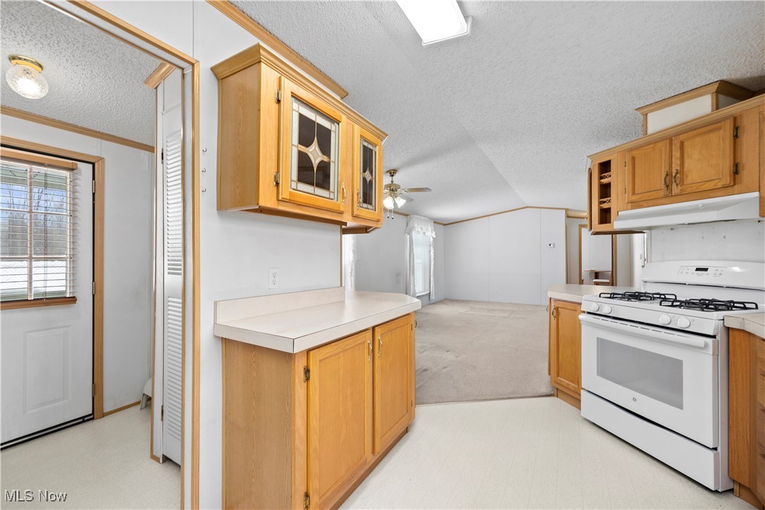 35157 Center Ridge Road, Unit 151 North Ridgeville, OH 44039 - Photo 10 of 29 Kitchen featuring a textured ceiling, white gas stove, ceiling fan, glass insert cabinets, and light countertops