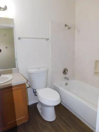a white toilet sitting next to a bath tub