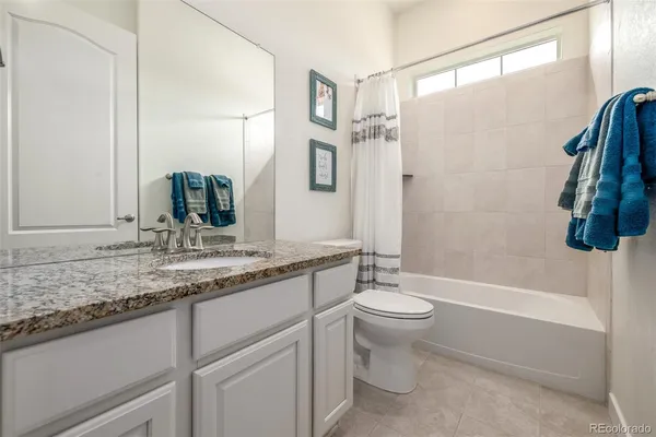a bathroom with a granite countertop sink a toilet and shower