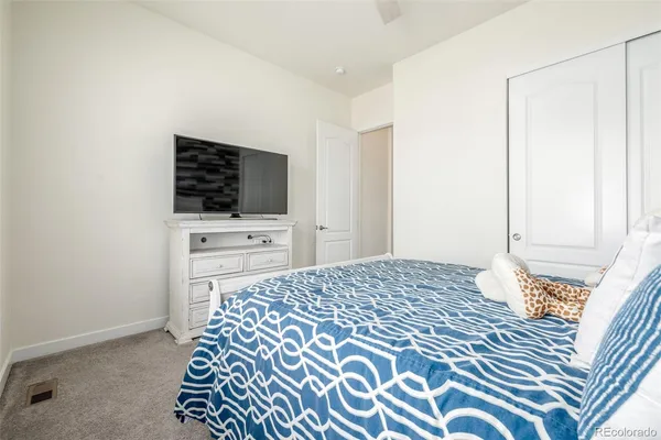 a bedroom with a bed and a television