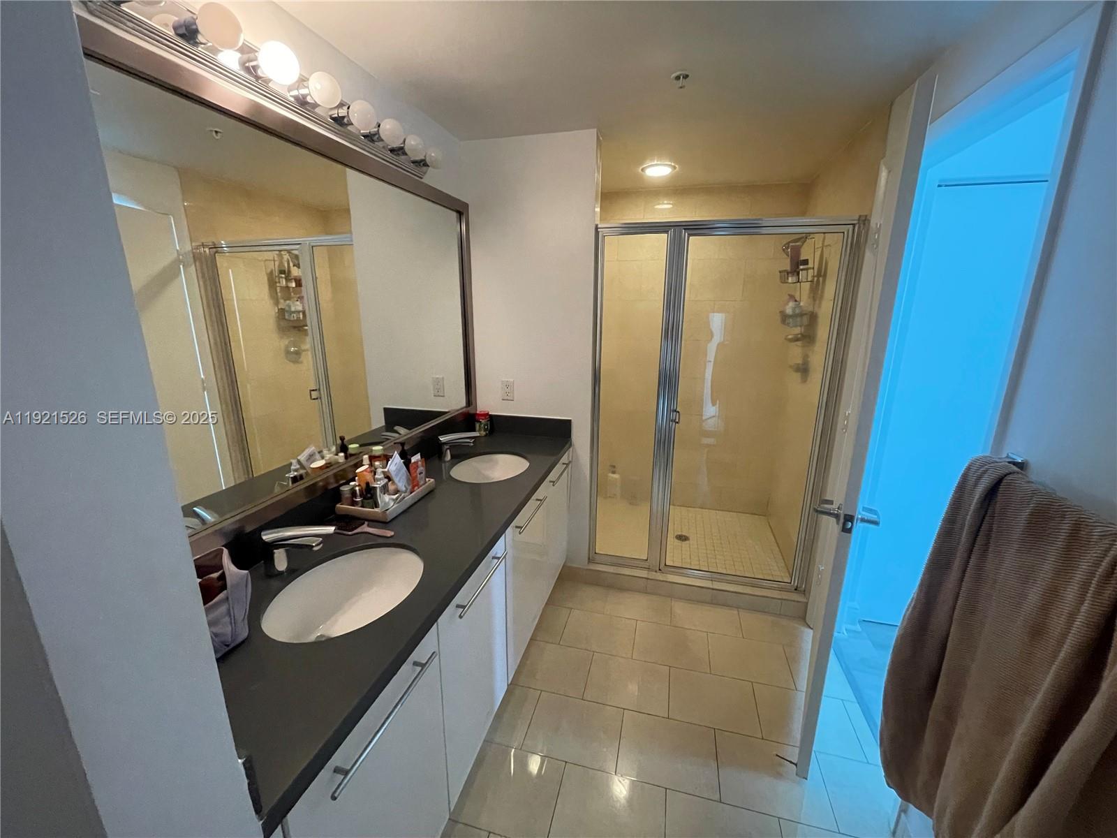 90 Southwest 3rd Street, Unit 4105 Miami, FL 33130 - Photo 23 of 27 a bathroom with a sink a mirror and a shower