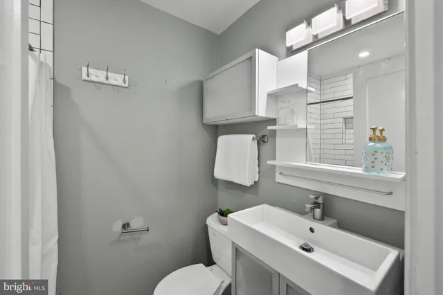 a bathroom with a sink mirror and toilet