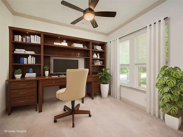 a workspace with furniture and window