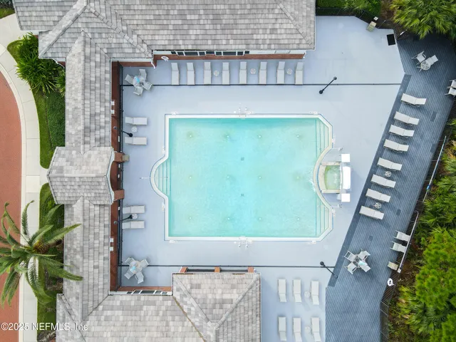 an aerial view of a wooden chairs