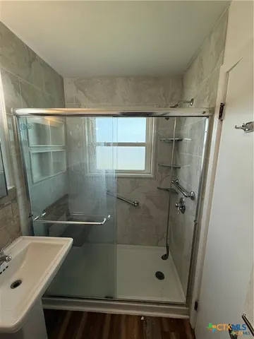 a bathroom with a shower and a sink