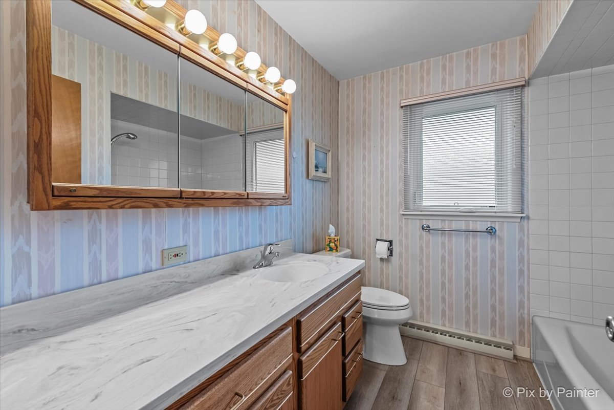 425 Summit Street Algonquin, IL 60102 - Photo 21 of 43 a bathroom with a granite countertop sink a toilet and a mirror