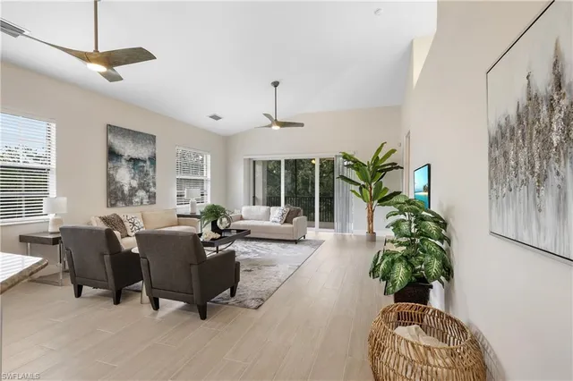 a living room with furniture windows and potted plant