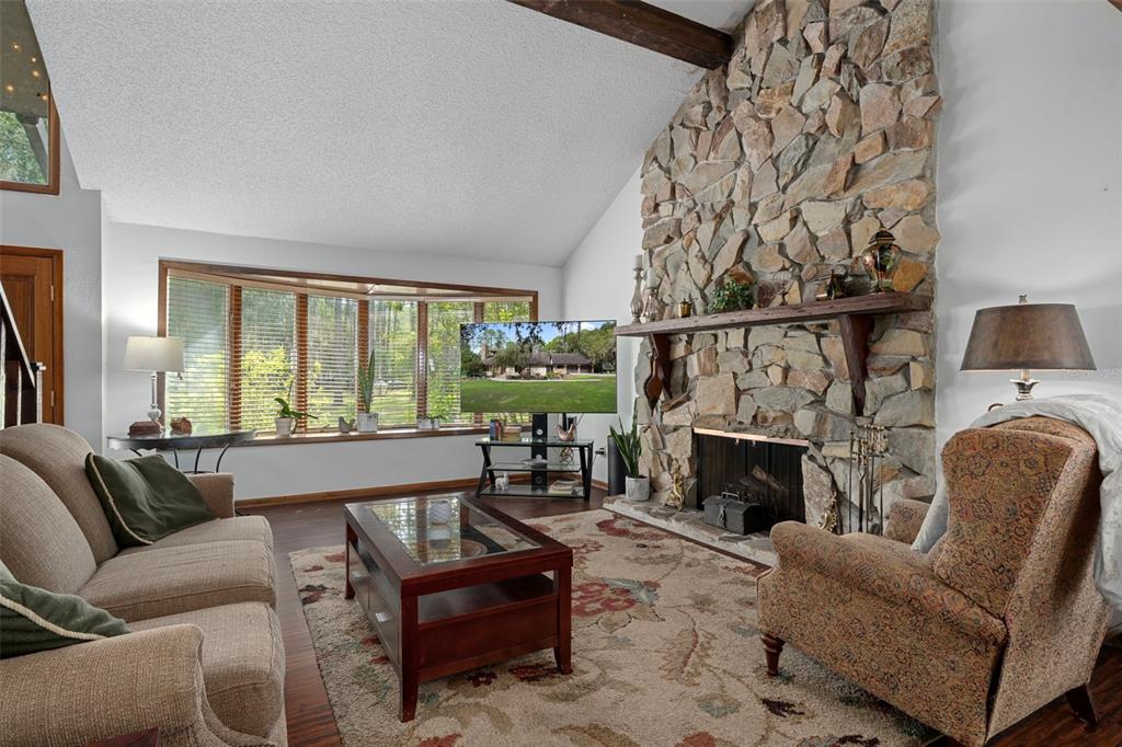 8605 Fussell Drive Wesley Chapel, FL 33545 - Photo 22 of 99 a living room with furniture a fireplace and a floor to ceiling window