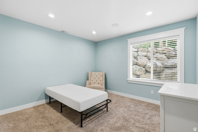 672 Perry Hollow Drive Mapleton, UT 84664 - Photo 57 of 106 Carpeted room with light blue walls featuring a white-trimmed window with blinds, recessed ceiling lighting, and white baseboards