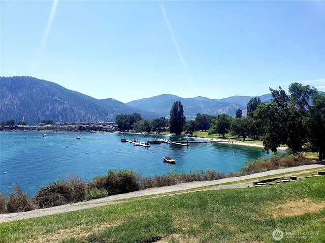 a view of a lake with a mountain in the background