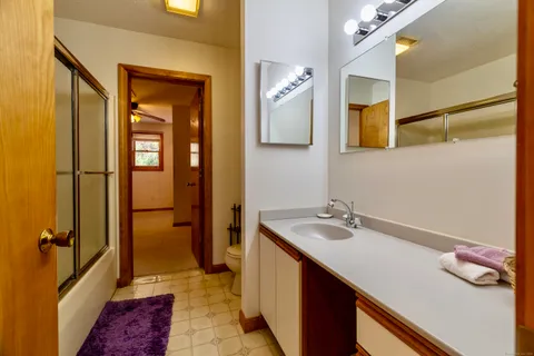 a bathroom with a sink a mirror and a shower