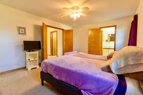a bedroom with a bed and a chandelier