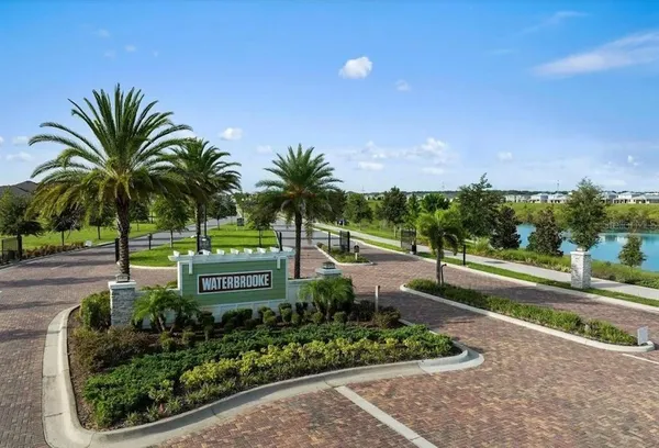 a view of a park with palm trees