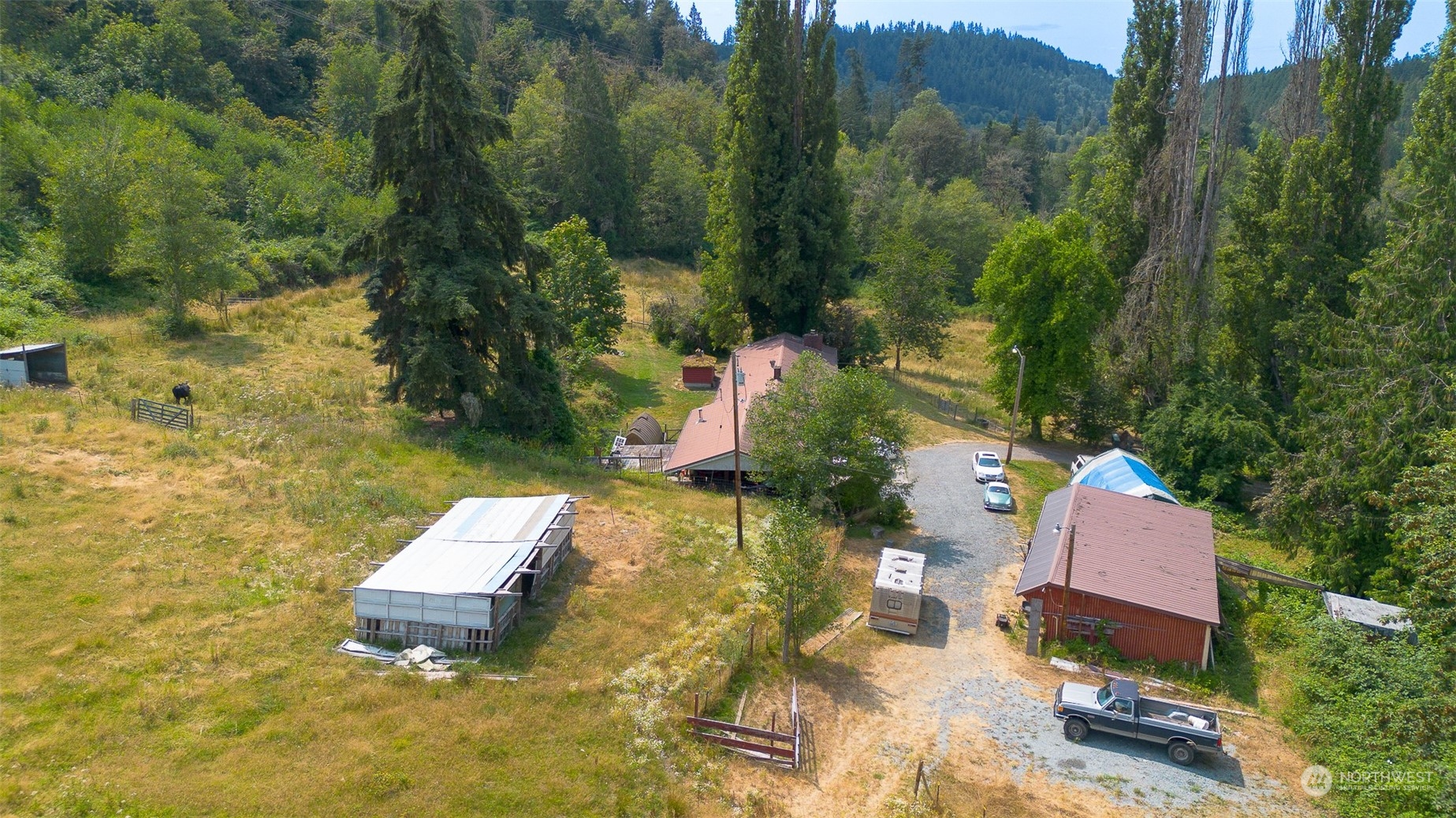 11120 Ohop Valley-Extension Road East Eatonville, WA 98328 - Photo 20 of 32 an aerial view of a house with a yard and trees