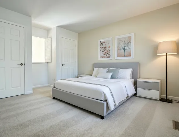 a spacious bedroom with a bed and a lamp