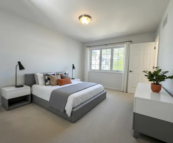 a bedroom with bed furniture and potted plant