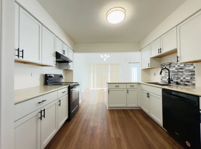 a kitchen with granite countertop a sink cabinets stainless steel appliances and a counter space