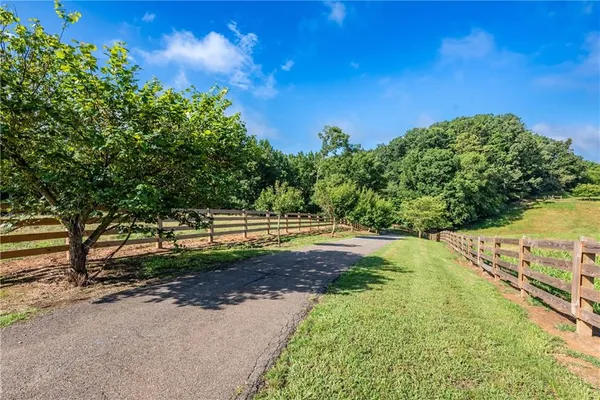 a view of a yard with wooden fence