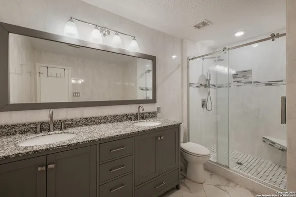 a bathroom with a granite countertop sink mirror toilet and shower